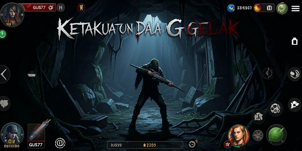 Screenshot utama GUS77 menampilkan suasana mencekam dan gameplay menakutkan.