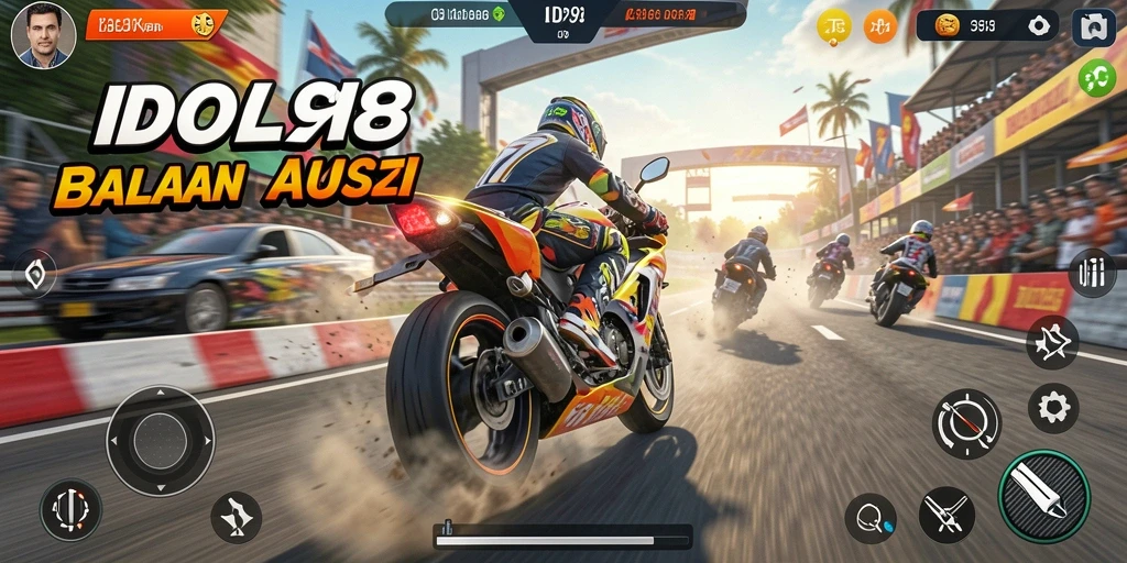 Screenshot gameplay <strong>ID098</strong> menunjukkan balapan motor yang mendebarkan dan penuh aksi.