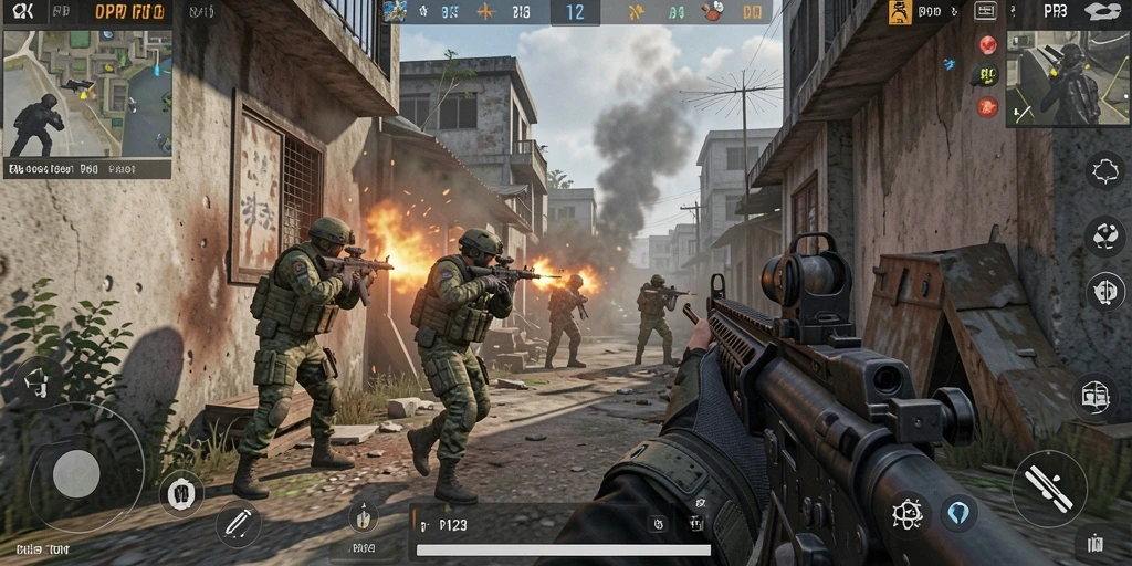 Screenshot gameplay PP123 menunjukkan pertempuran FPS yang intens dan menarik.