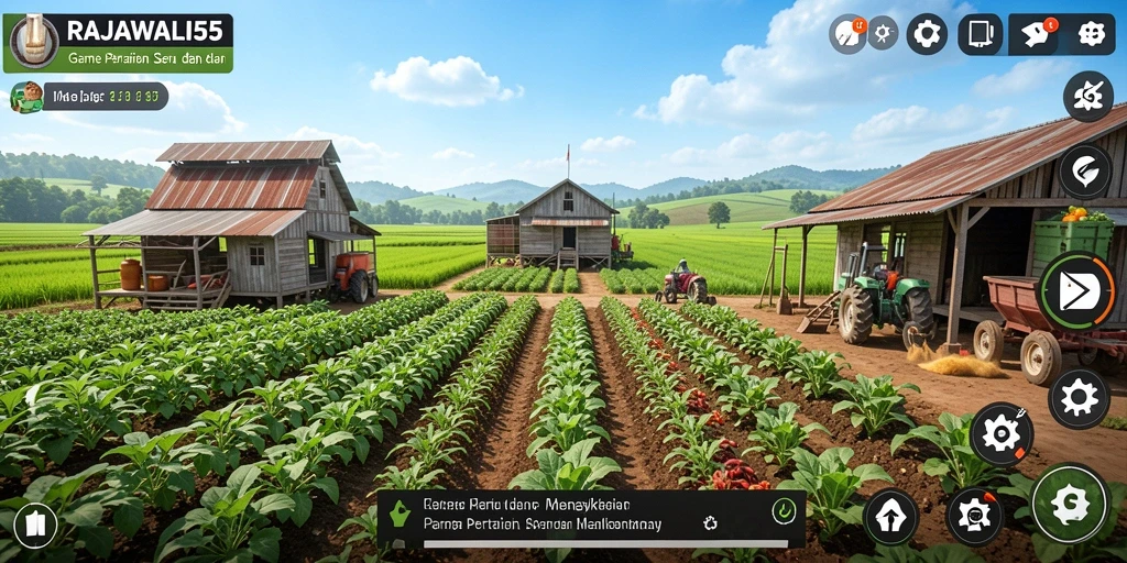 Tampilan gameplay menarik dari RAJAWALI55 yang menunjukkan ladang dan aktivitas bertani.